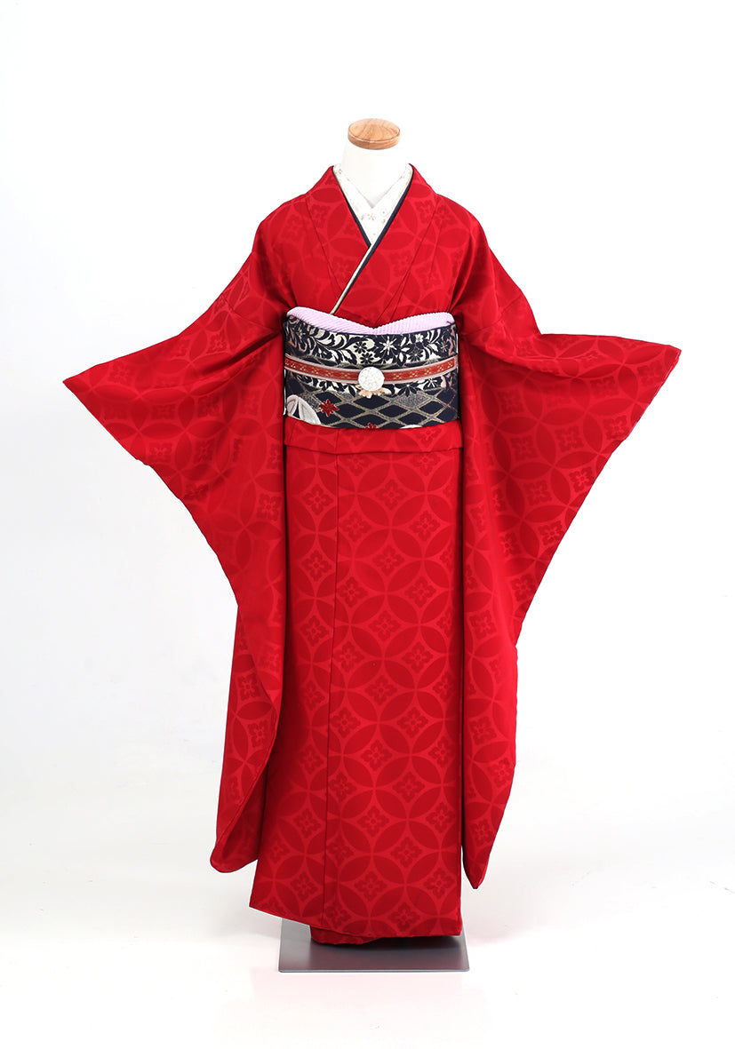朱に七宝地紋の振袖 | F-011