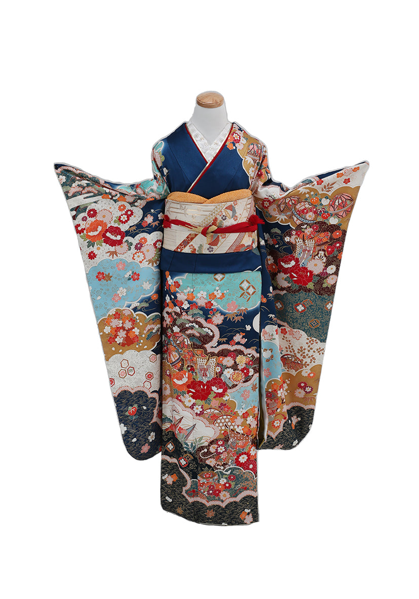 手鞠 御所車 四季折々の花の振袖　 | F-015