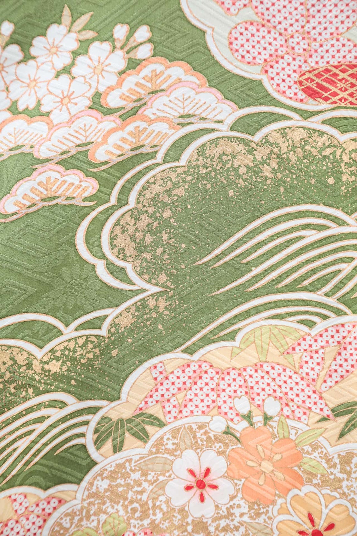 抹茶地に花尽くしの振袖 | F-005